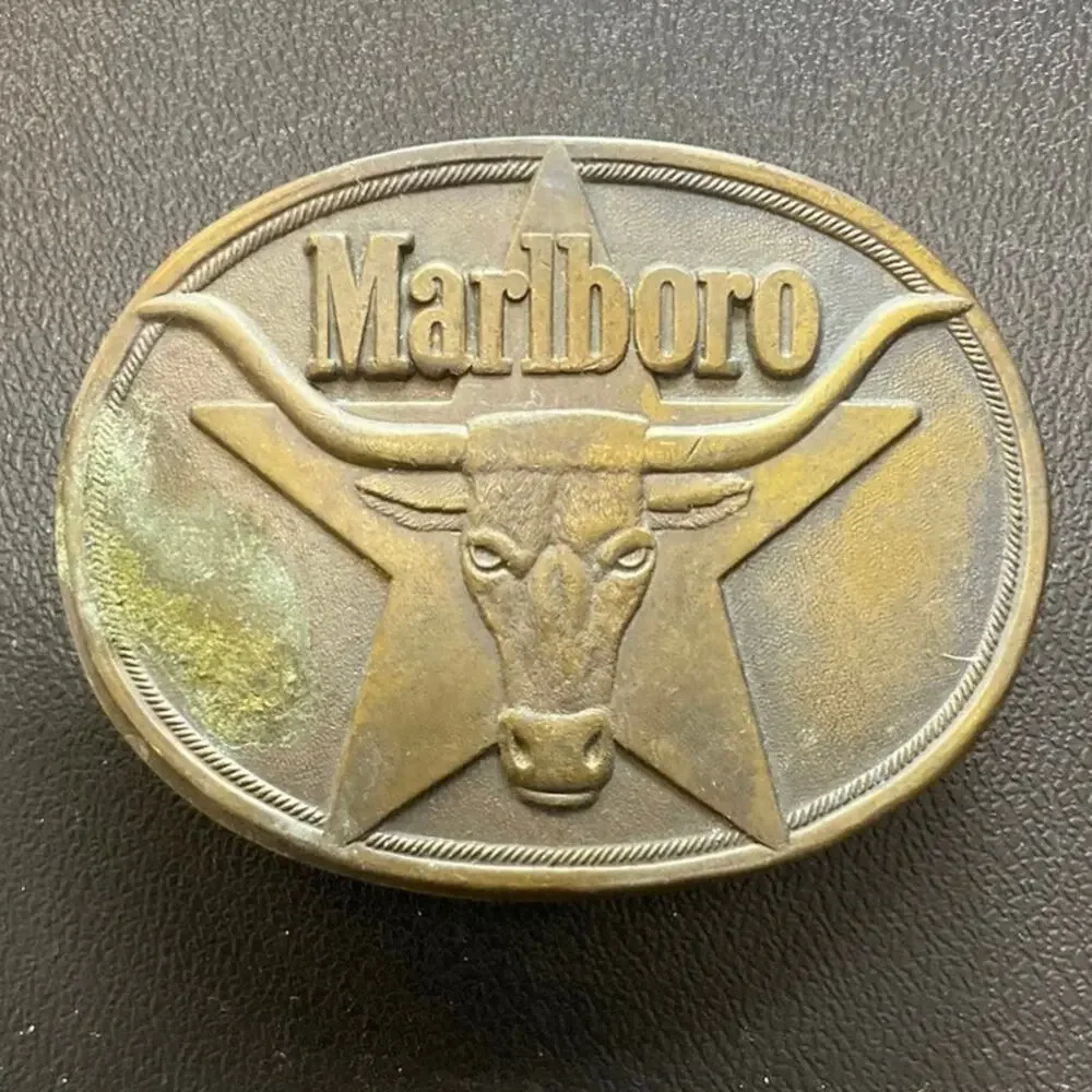 Vintage Marlboro Brass Belt Buckle Cowboy Longhorn Western 1987 Philip Morris